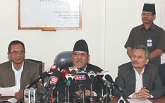 Out going Prime Minister Pushpa Kamal Dahal speaking at a press conference organised to clarify the contents of the video tape that surfaced yesterday, Wednesday, May 06 09. nepalnews.com/rh